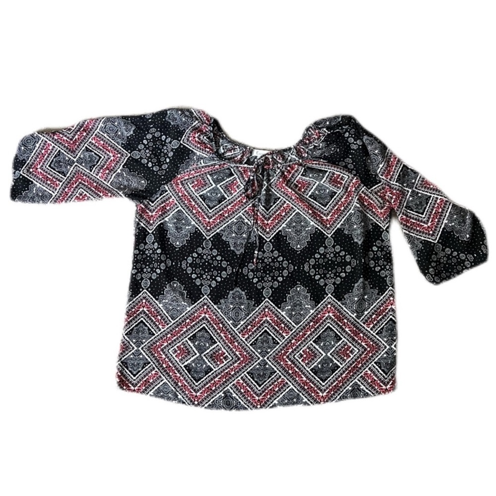 Espresso blouse, size 1X Neutral colors abstract roll up sleeves loose fit EUC - Picture 9 of 9